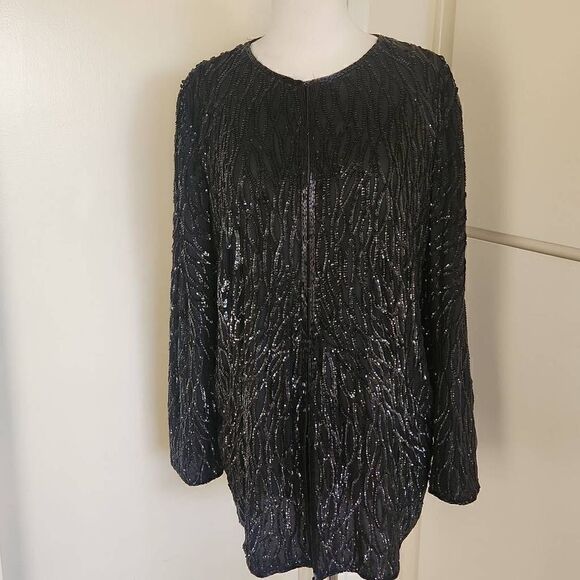Lawrence Kazar Vintage Black Sequin and Bugle Bead Silk Jacket, Fingertip Length - Picture 1 of 10